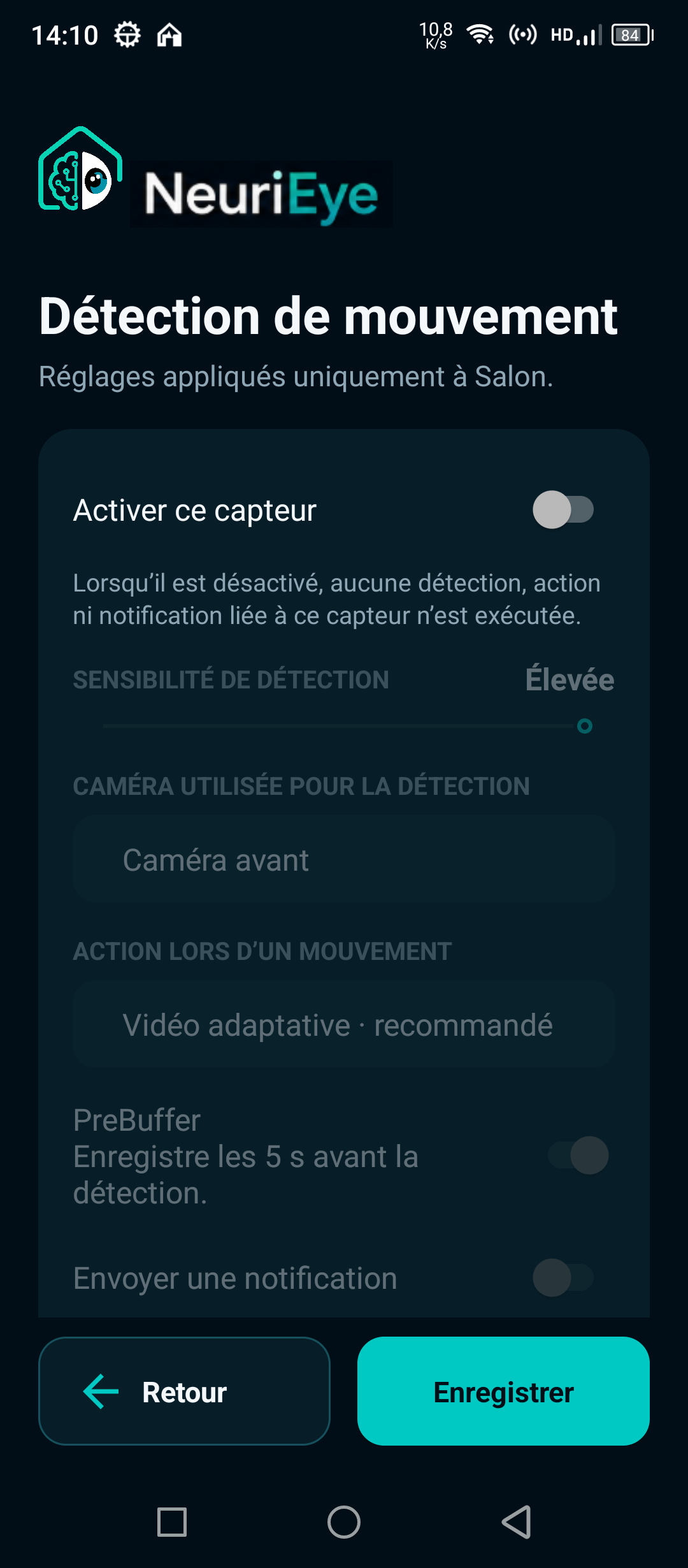 Réglages de la détection et du PreBuffer dans NeuriEye