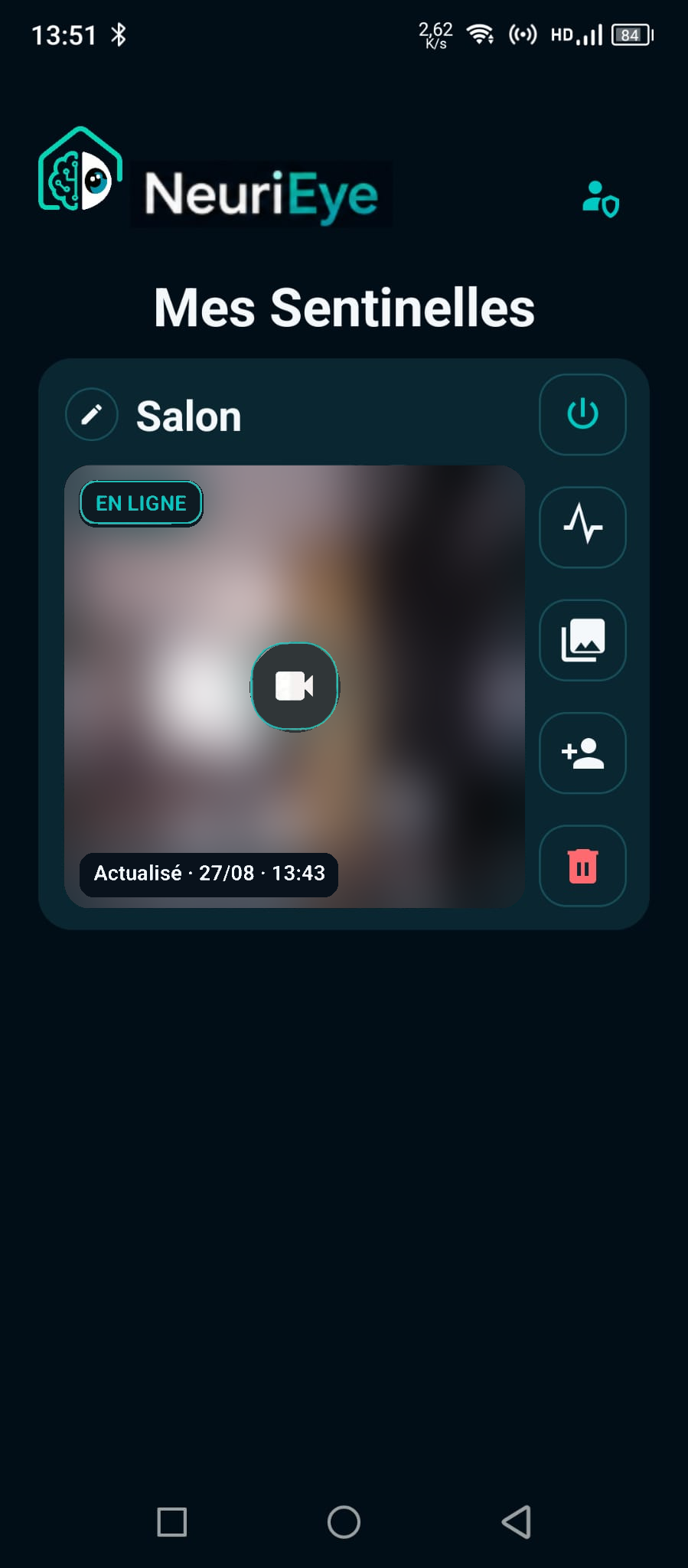 Écran Mes Sentinelles avec une caméra en ligne